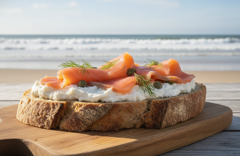 découvrez notre tartine savoureuse au fromage frais et saumon fumé, une expérience gourmande qui évoque le plaisir de l'océan à chaque bouchée.
