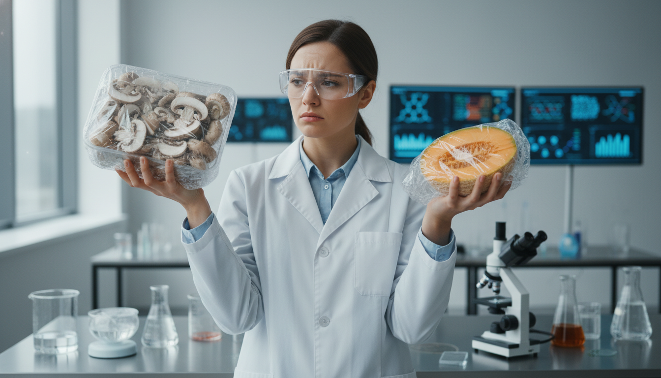 une chercheuse interroge l'impact des plastiques dans l'alimentation en examinant l'utilité des champignons et melons prêts à consommer, soulevant des questions sur la durabilité et la santé.