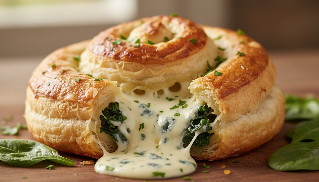 découvrez notre roulé feuilleté gourmand aux épinards frais, garni d'un cœur fondant de roquefort, parfait pour une entrée savoureuse et originale.
