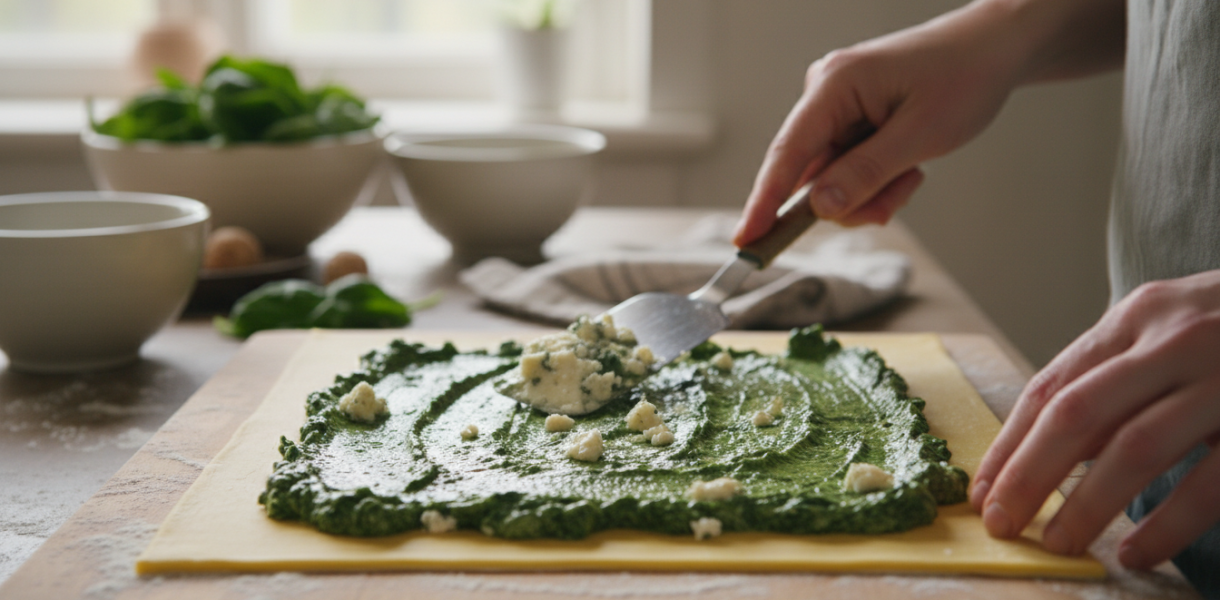 découvrez notre roulé feuilleté gourmand aux épinards frais, garni d'un cœur fondant de roquefort pour une explosion de saveurs à chaque bouchée.