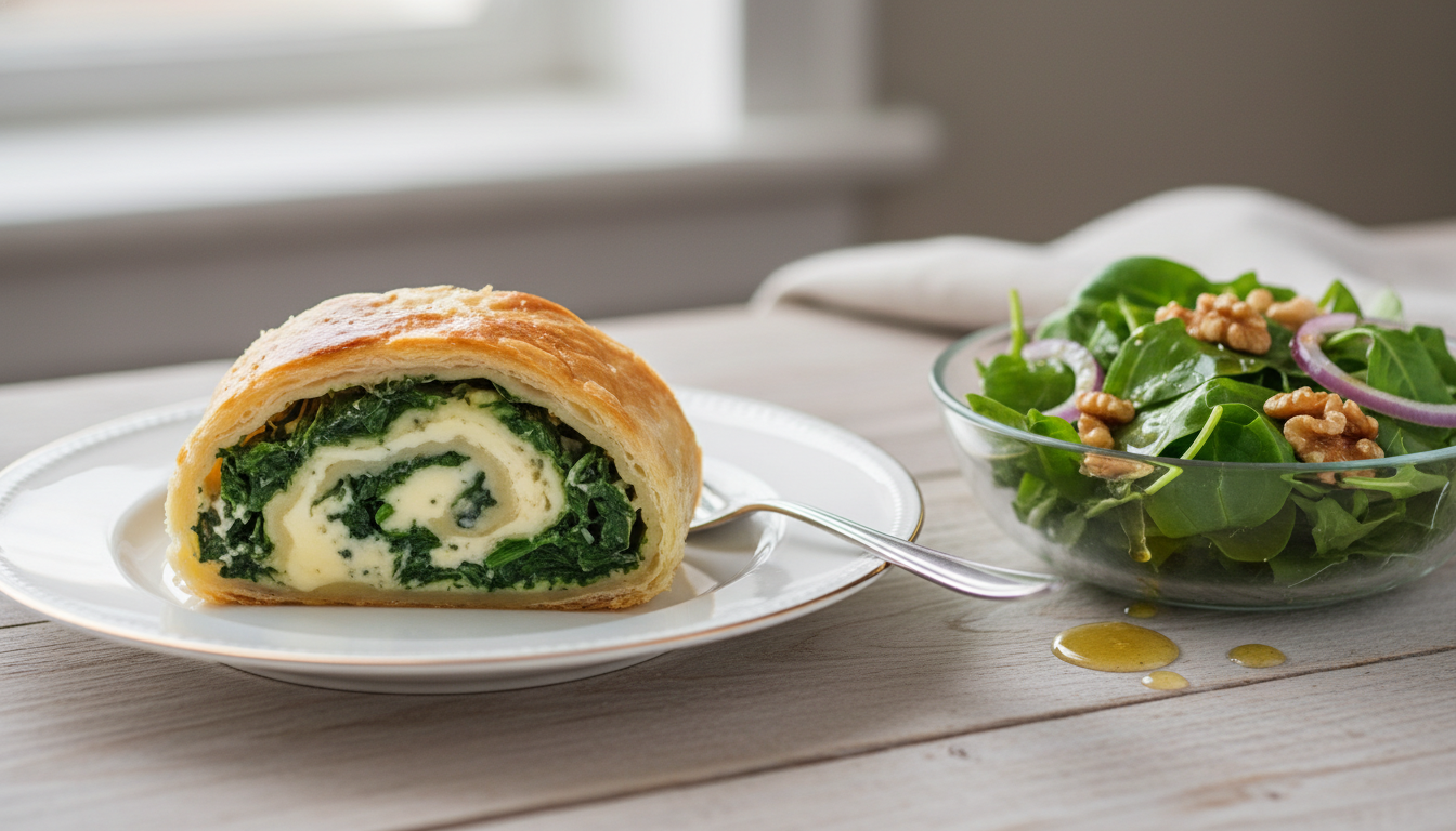 découvrez notre roulé feuilleté gourmand aux épinards frais et cœur fondant de roquefort, une recette savoureuse et facile à réaliser pour un repas délicieux et raffiné.