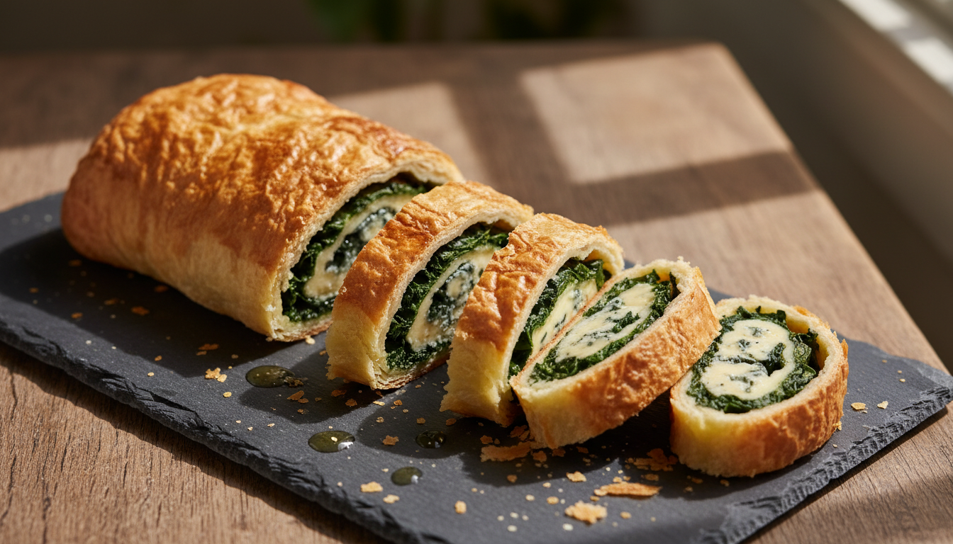 découvrez notre roulé feuilleté gourmand aux épinards frais, garni d'un cœur fondant de roquefort pour une explosion de saveurs à chaque bouchée.