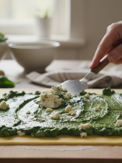 découvrez notre roulé feuilleté gourmand aux épinards frais, garni d'un cœur fondant de roquefort pour une explosion de saveurs à chaque bouchée.