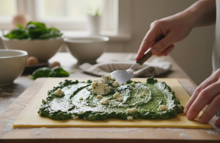 découvrez notre roulé feuilleté gourmand aux épinards frais, garni d'un cœur fondant de roquefort pour une explosion de saveurs à chaque bouchée.