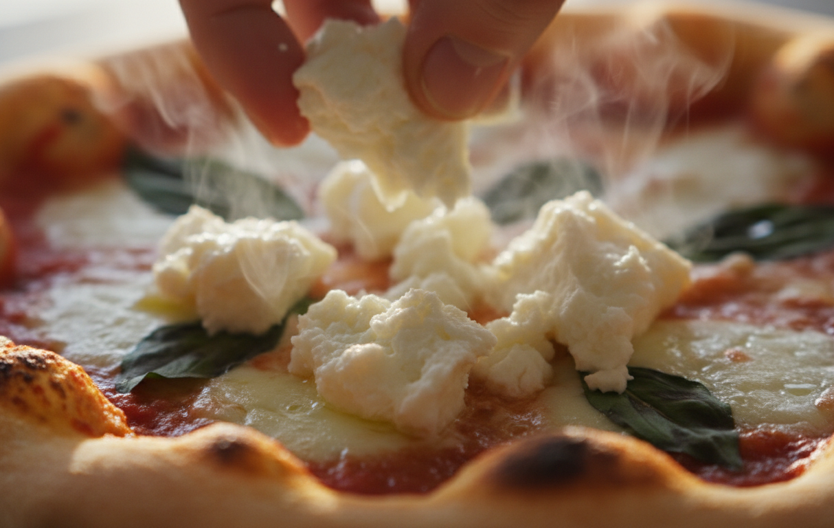 découvrez une pizza gourmande aux saveurs méditerranéennes avec du fromage de chèvre frais et des éclats de majorque, alliant tradition et fraîcheur pour un délice unique.
