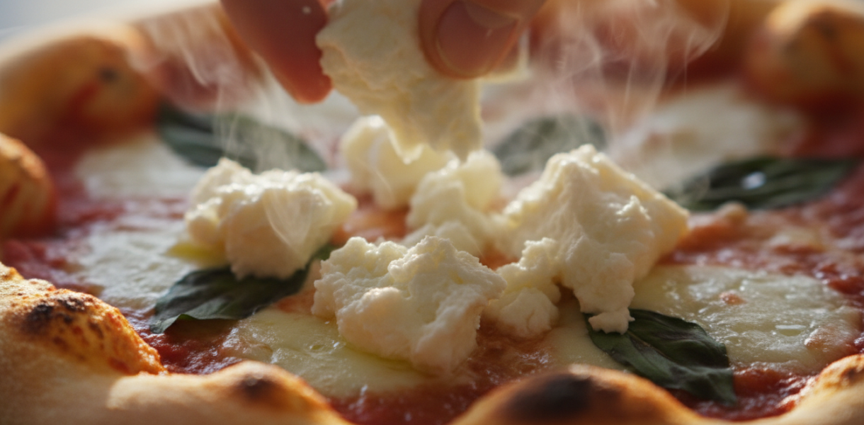 découvrez une pizza gourmande aux saveurs méditerranéennes avec du fromage de chèvre frais et des éclats de majorque, alliant tradition et fraîcheur pour un délice unique.