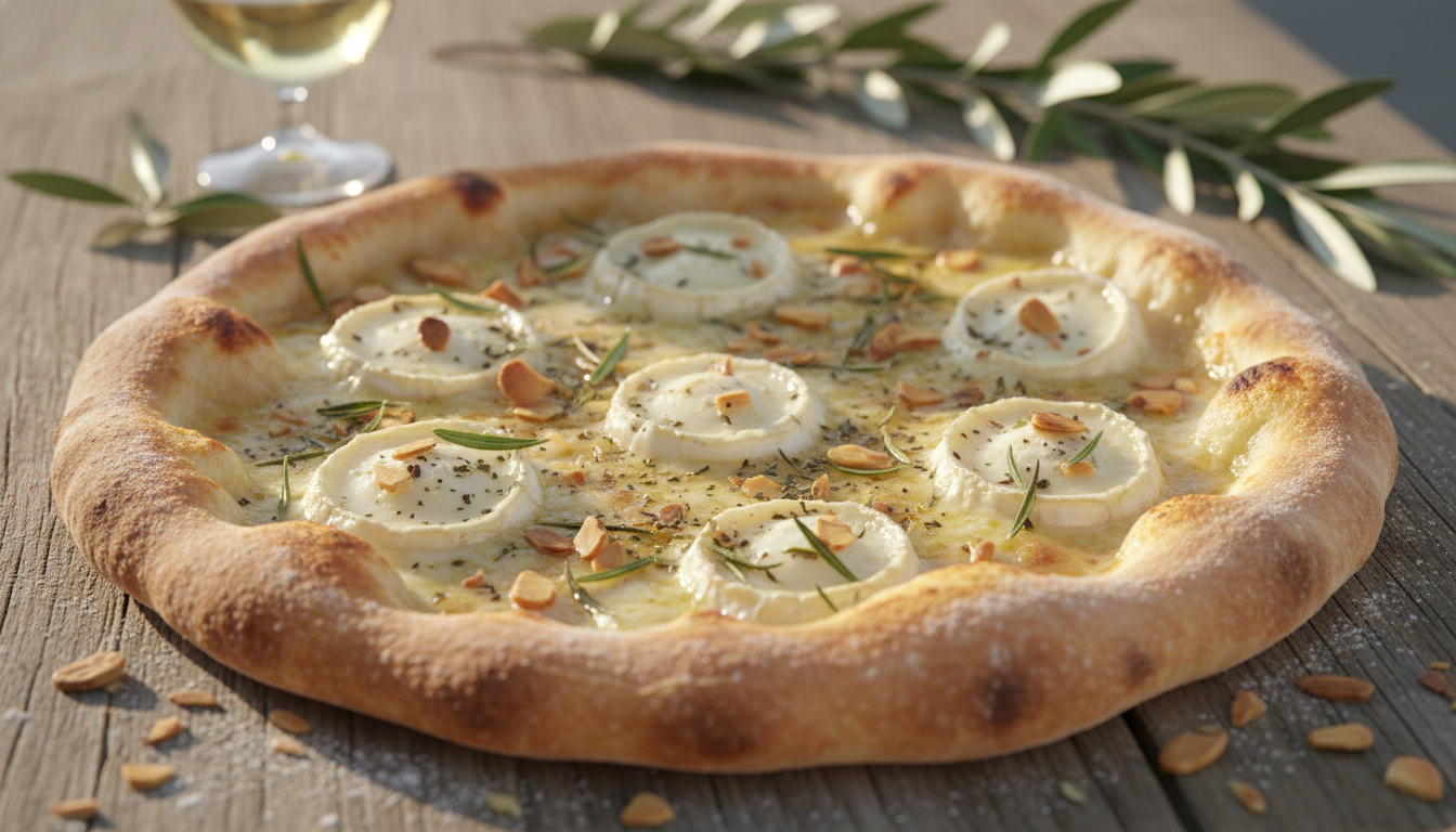 découvrez une pizza gourmande aux saveurs méditerranéennes, garnie de fromage de chèvre frais et d'éclats savoureux de majorque, pour un voyage culinaire unique.