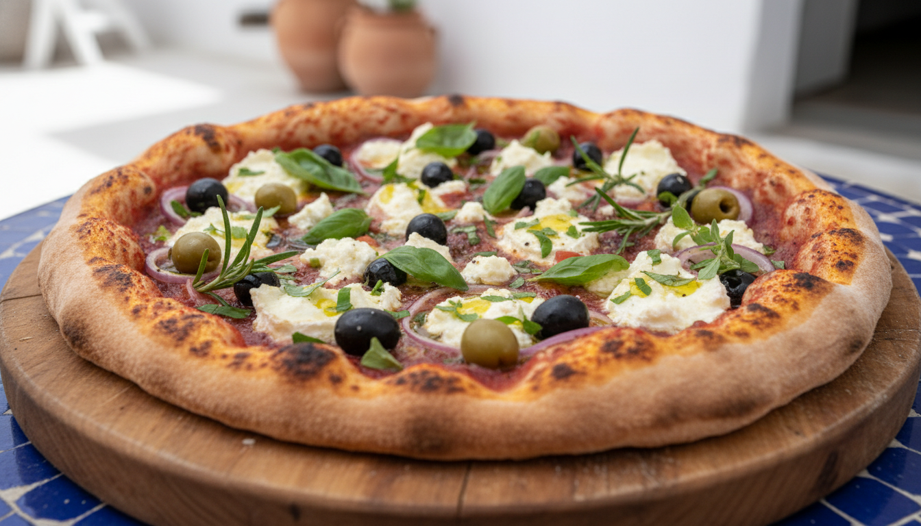 découvrez notre pizza gourmande aux saveurs méditerranéennes, garnie de fromage de chèvre frais et d’éclats de majorque pour un plaisir authentique et savoureux.