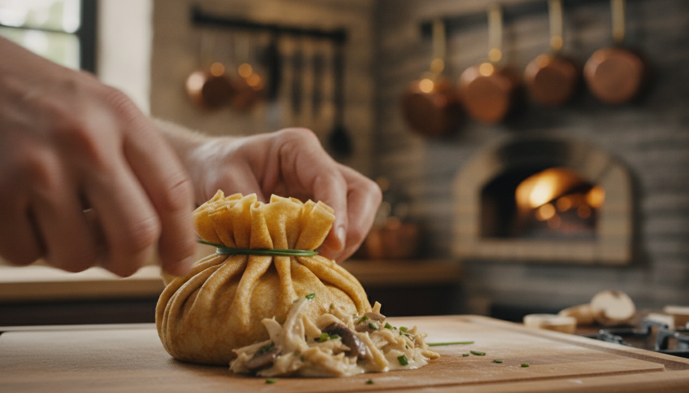 découvrez comment préparer une délicieuse aumônière de crêpe gourmande en utilisant vos restes de poulet et champignons pour créer un plat raffiné et savoureux.