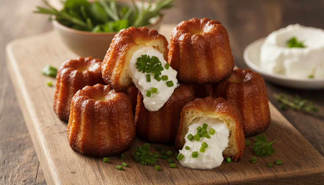 découvrez une recette inventive et savoureuse : des cannelés transformés en profiteroles salées garnies de fromage frais, parfaites pour surprendre vos invités.