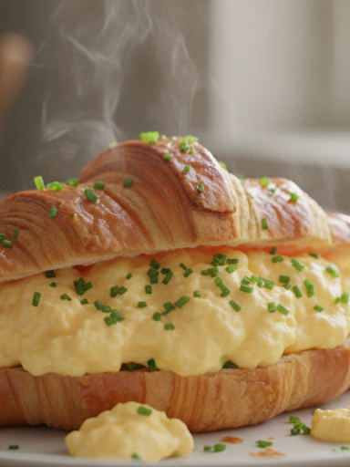 découvrez notre recette savoureuse de croissants moelleux garnis d'œufs brouillés crémeux et de fromage frais, parfaite pour un petit-déjeuner gourmand et facile à réaliser.
