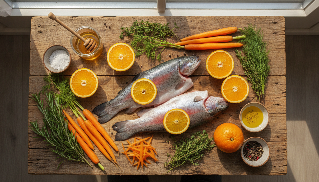 découvrez notre recette légère de pavé de truite à l’orange accompagné de carottes glacées au miel, une alliance parfaite entre gourmandise et bien-être.