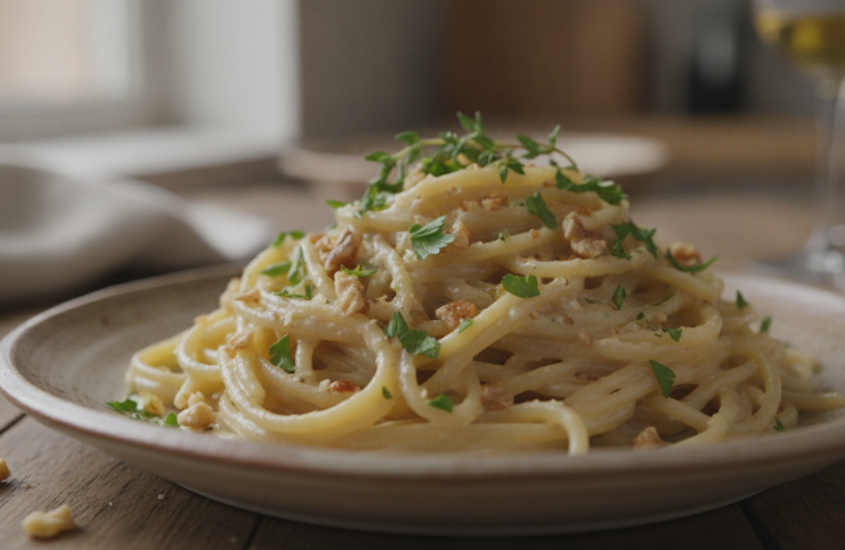 découvrez nos pâtes savoureuses à la sauce délicate d'ail et noix, un plat gourmand alliant finesse et saveurs authentiques pour régaler vos papilles.