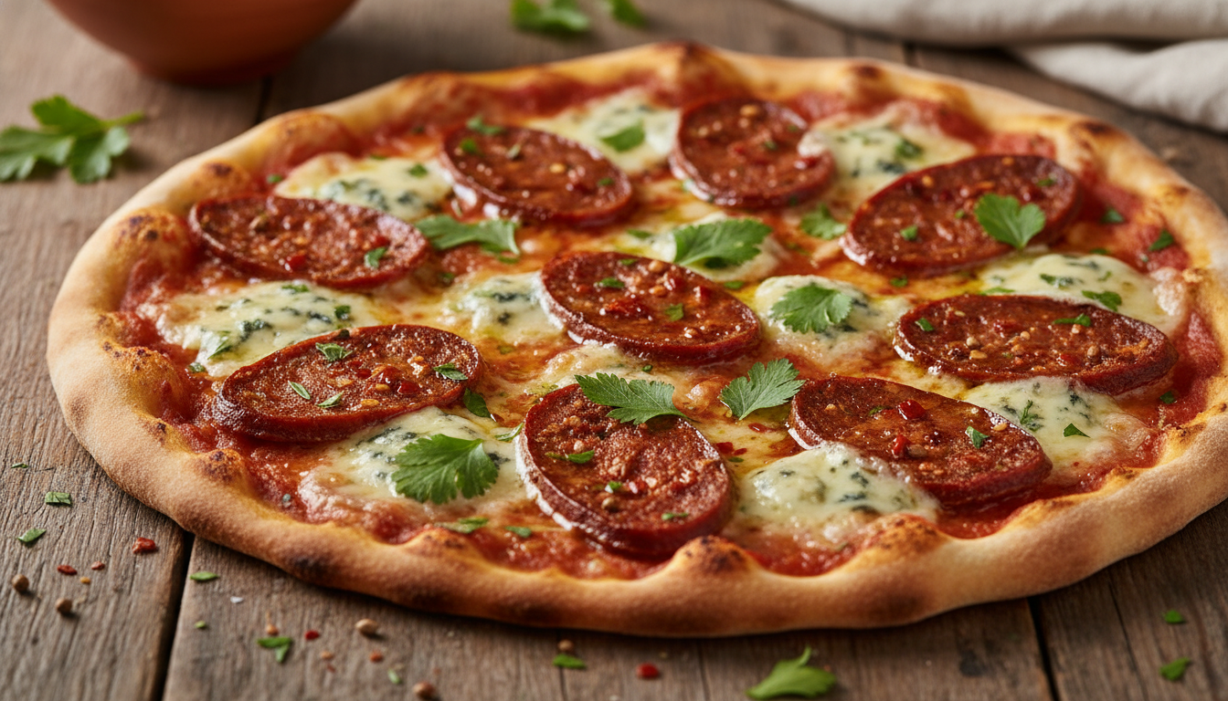 découvrez une pizza unique aux saveurs d'orient, alliant le piquant des merguez épicées à la douceur crémeuse du fromage bleu pour un mariage audacieux et savoureux.