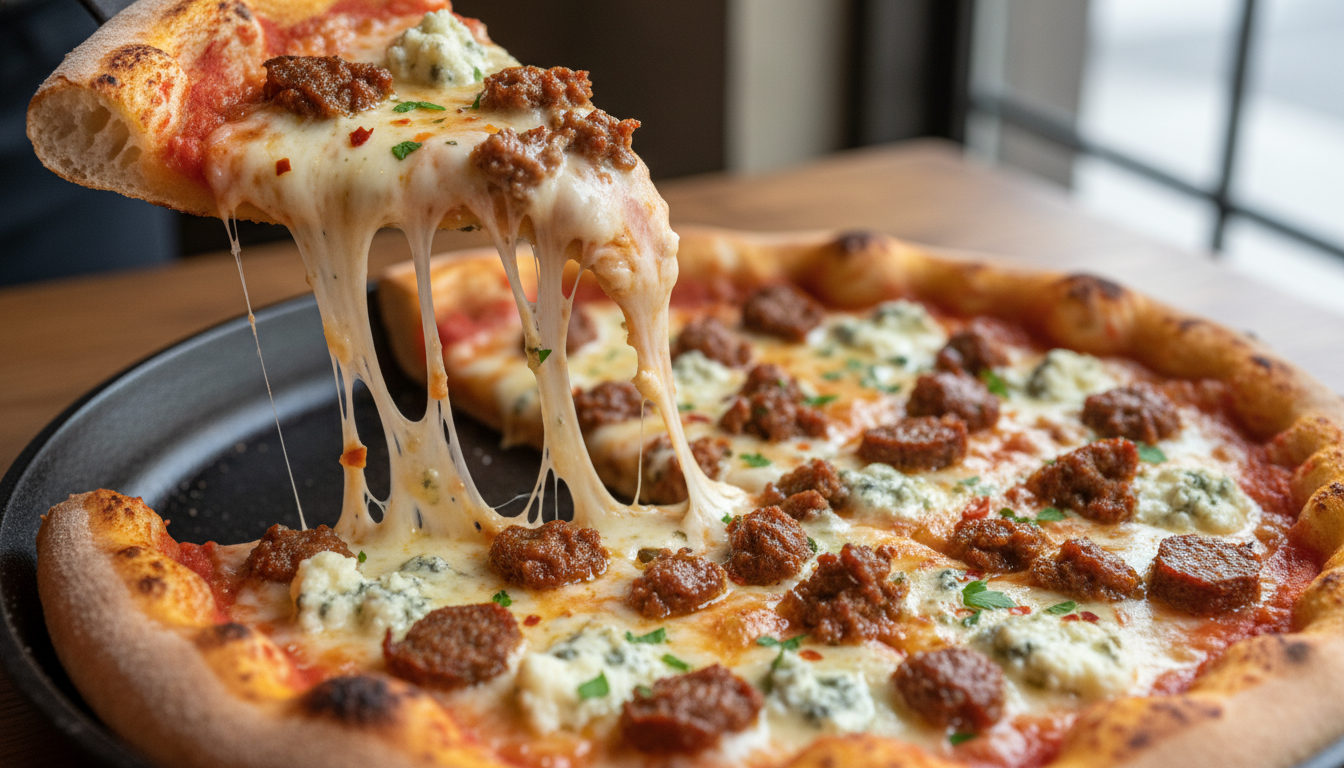 découvrez une pizza aux saveurs d'orient, alliant la douceur crémeuse du fromage bleu à la puissance épicée des merguez, pour une expérience gustative audacieuse et savoureuse.