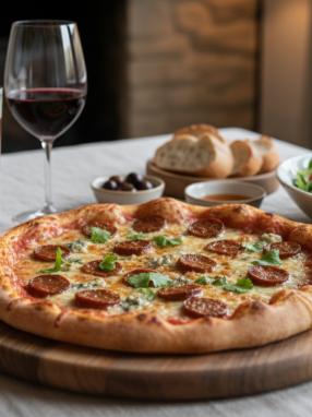 découvrez une pizza aux accents d’orient alliant la richesse des merguez épicées à la douceur du fromage bleu crémeux pour un mariage de saveurs audacieux et gourmand.