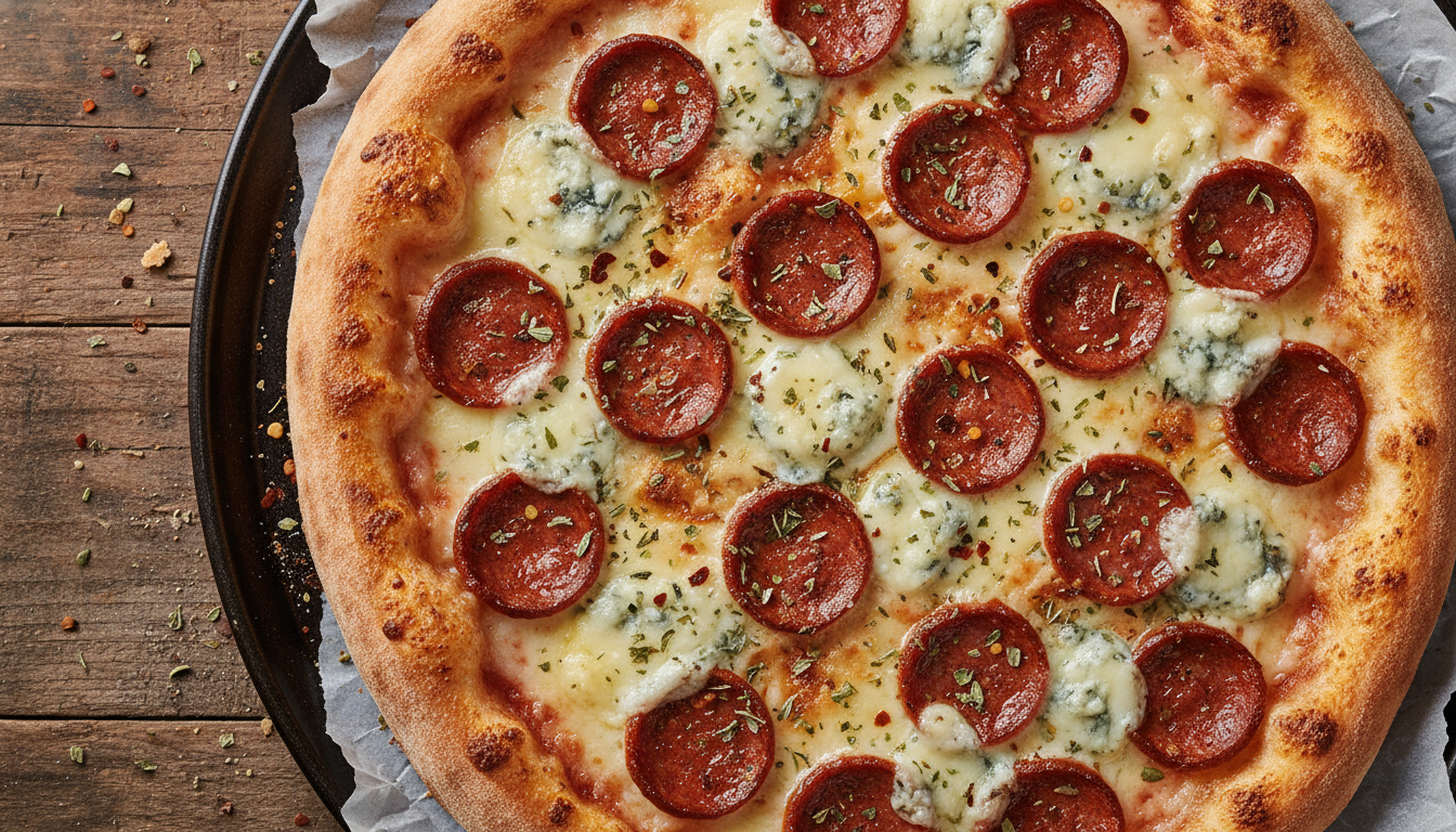 découvrez une pizza aux saveurs d'orient, alliant la chaleur épicée de la merguez à la douceur crémeuse du fromage bleu pour un mariage audacieux et gourmand.