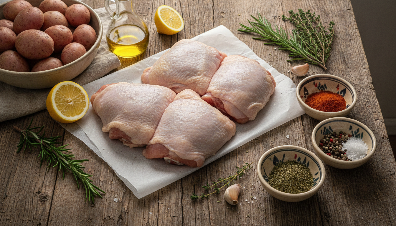 découvrez une recette simple et savoureuse de cuisses de poulet croustillantes accompagnées de pommes de terre rôties, pour un repas léger et gourmand au four.