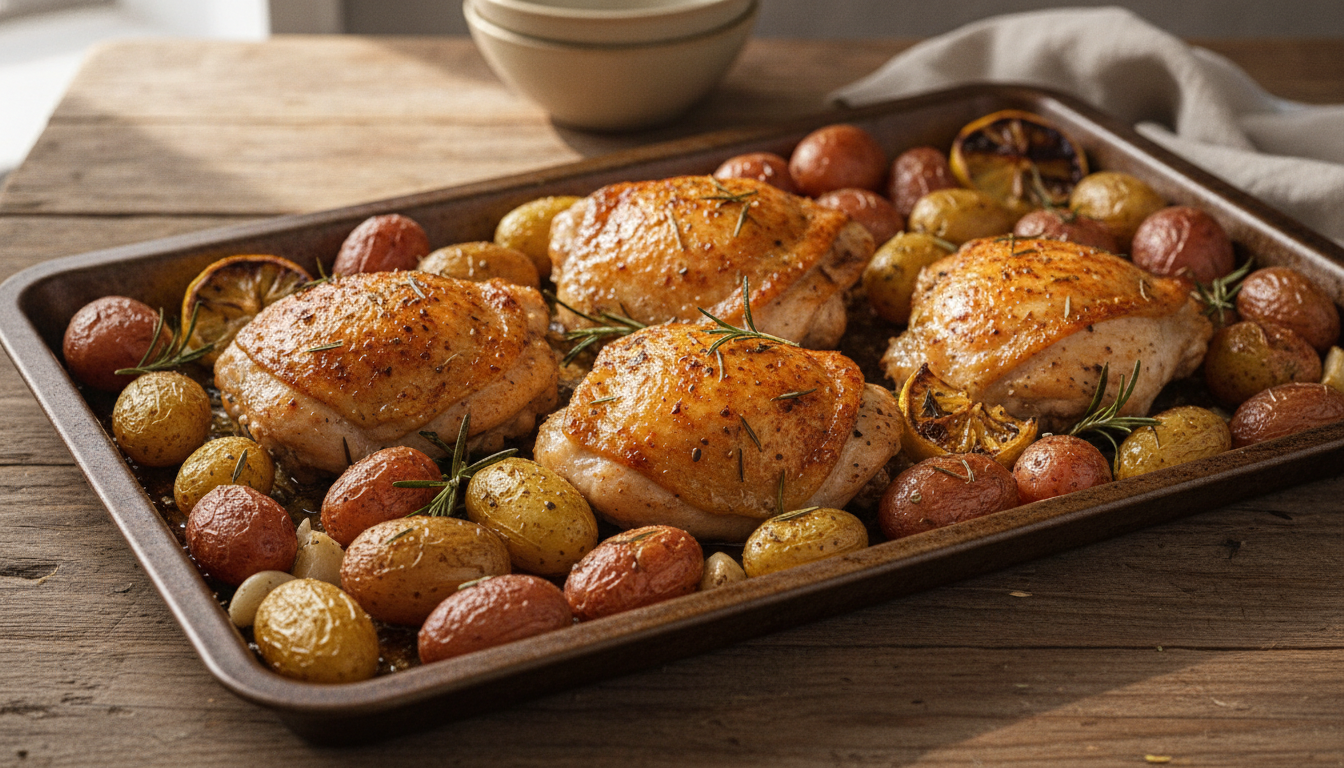 découvrez une recette de repas léger au four avec des cuisses de poulet croustillantes accompagnées de pommes de terre rôties savoureuses, parfait pour un dîner simple et délicieux.