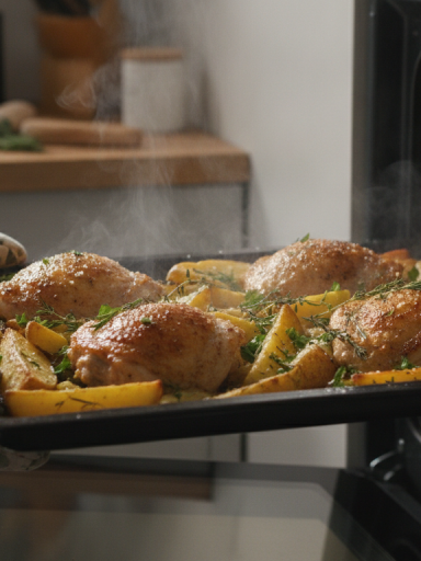 découvrez une recette facile de repas léger au four avec des cuisses de poulet croustillantes accompagnées de pommes de terre rôties savoureuses, parfait pour un dîner gourmand et équilibré.