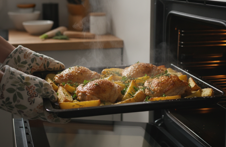découvrez une recette facile de repas léger au four avec des cuisses de poulet croustillantes accompagnées de pommes de terre rôties savoureuses, parfait pour un dîner gourmand et équilibré.