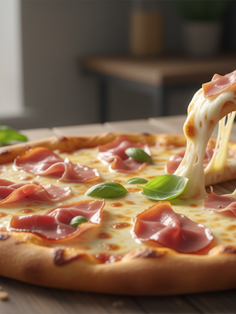 dégustez une délicieuse pizza maison garnie de jambon fumé et de fromages italiens fondants, pour un moment gourmand et authentique.