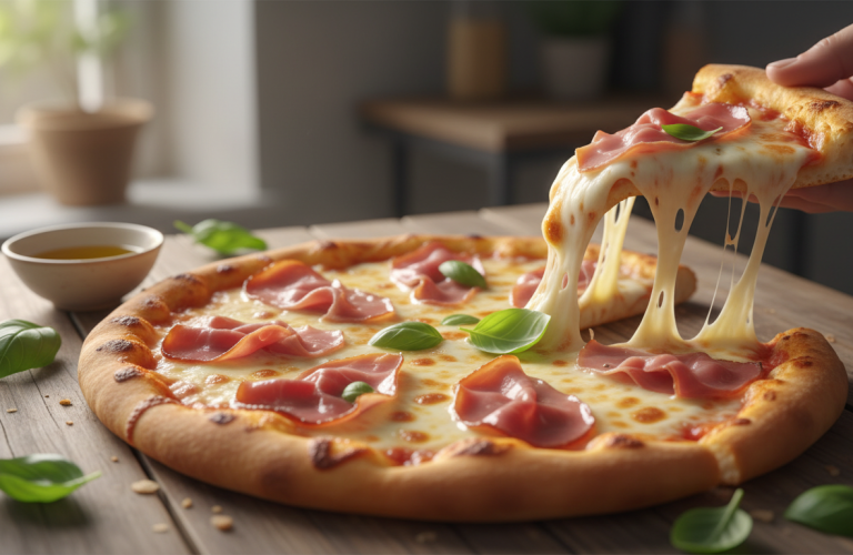 dégustez une délicieuse pizza maison garnie de jambon fumé et de fromages italiens fondants, pour un moment gourmand et authentique.