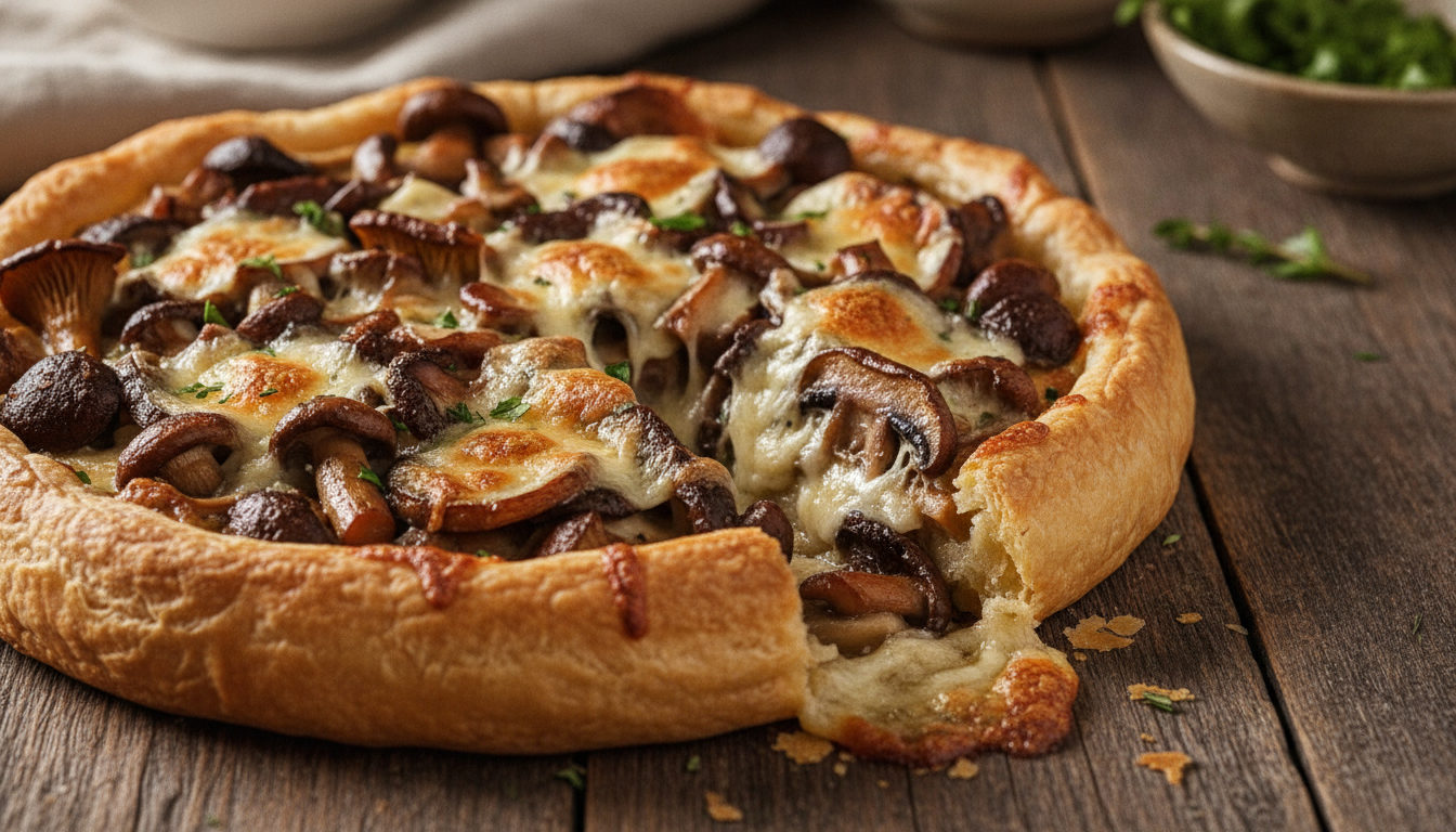 découvrez notre recette savoureuse de tarte aux champignons garnie d'un fromage fondant, parfaite pour un repas convivial et gourmand.