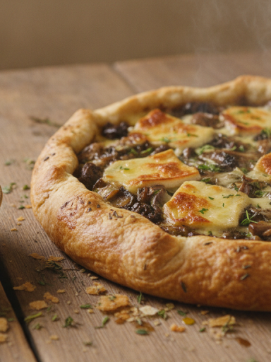 dégustez une savoureuse tarte aux champignons délicieusement garnie de fromage fondant, parfaite pour un repas gourmand et réconfortant.