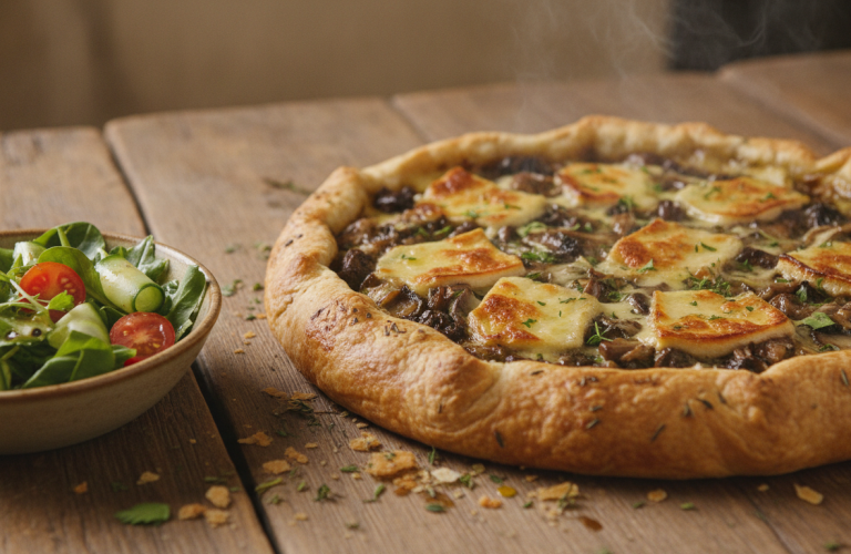 dégustez une savoureuse tarte aux champignons délicieusement garnie de fromage fondant, parfaite pour un repas gourmand et réconfortant.