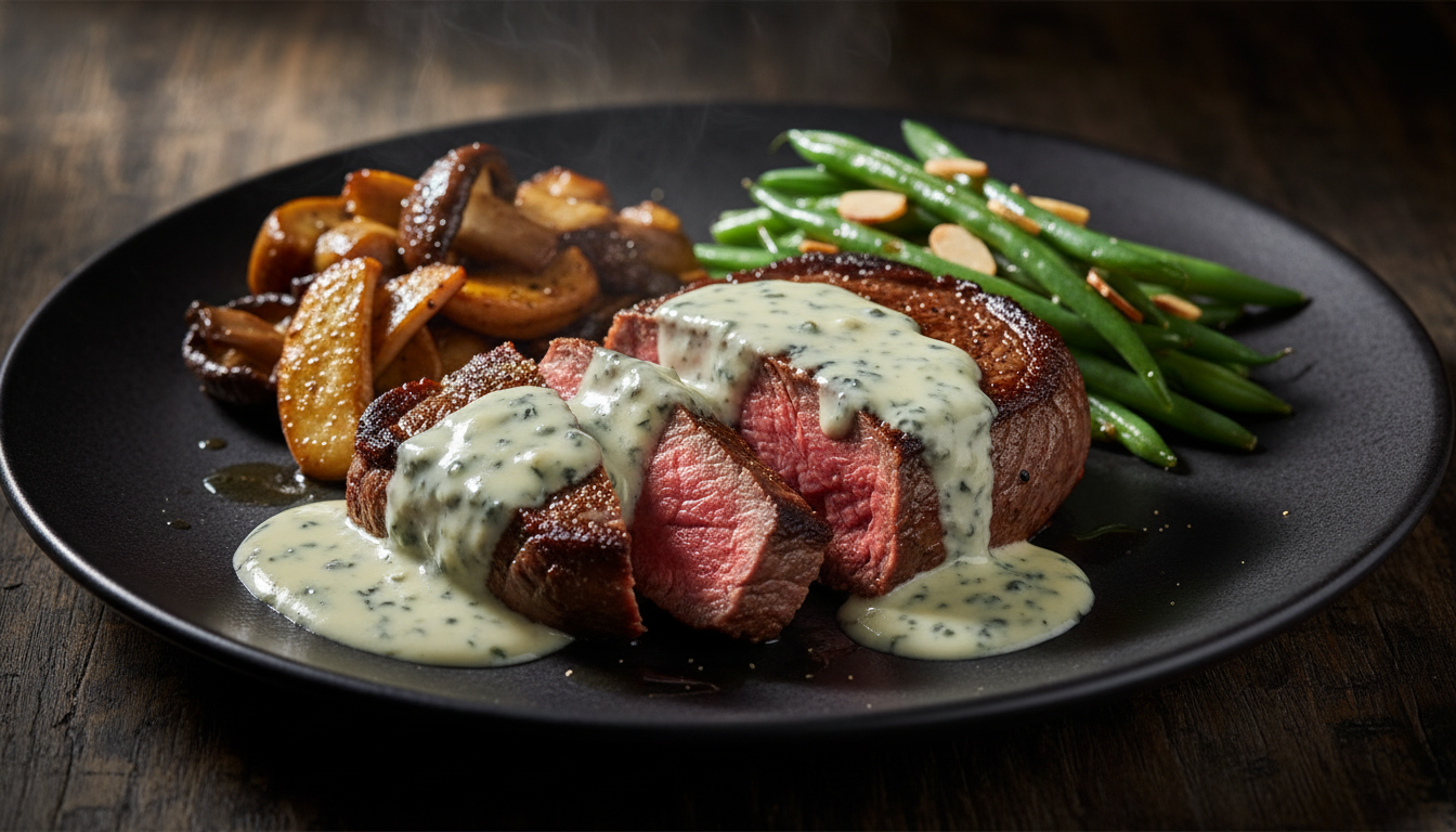 découvrez une recette gourmande d'entrecôte tendre servie avec une sauce crémeuse au saint agur, parfaite pour les amateurs de saveurs riches et délicieuses.