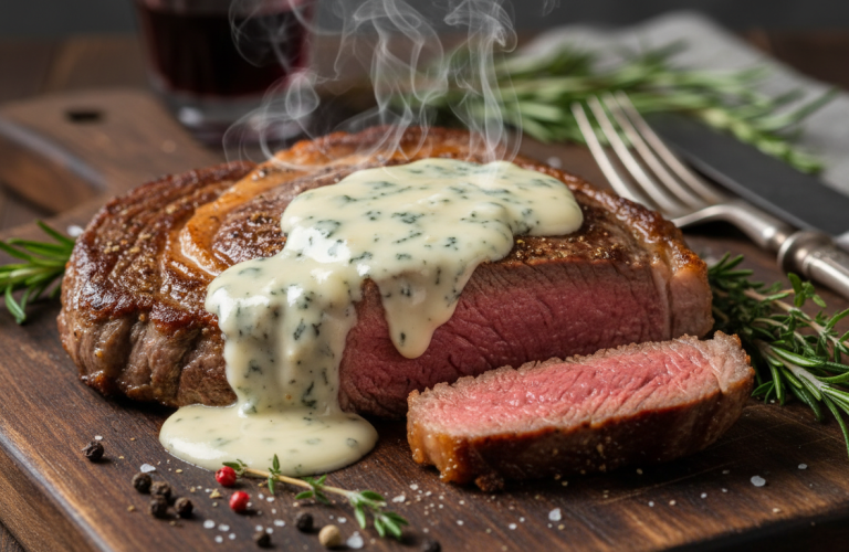 découvrez notre recette gourmande d'une tendre entrecôte nappée d'une sauce crémeuse au fromage saint agur, pour un moment de plaisir exquis et savoureux.
