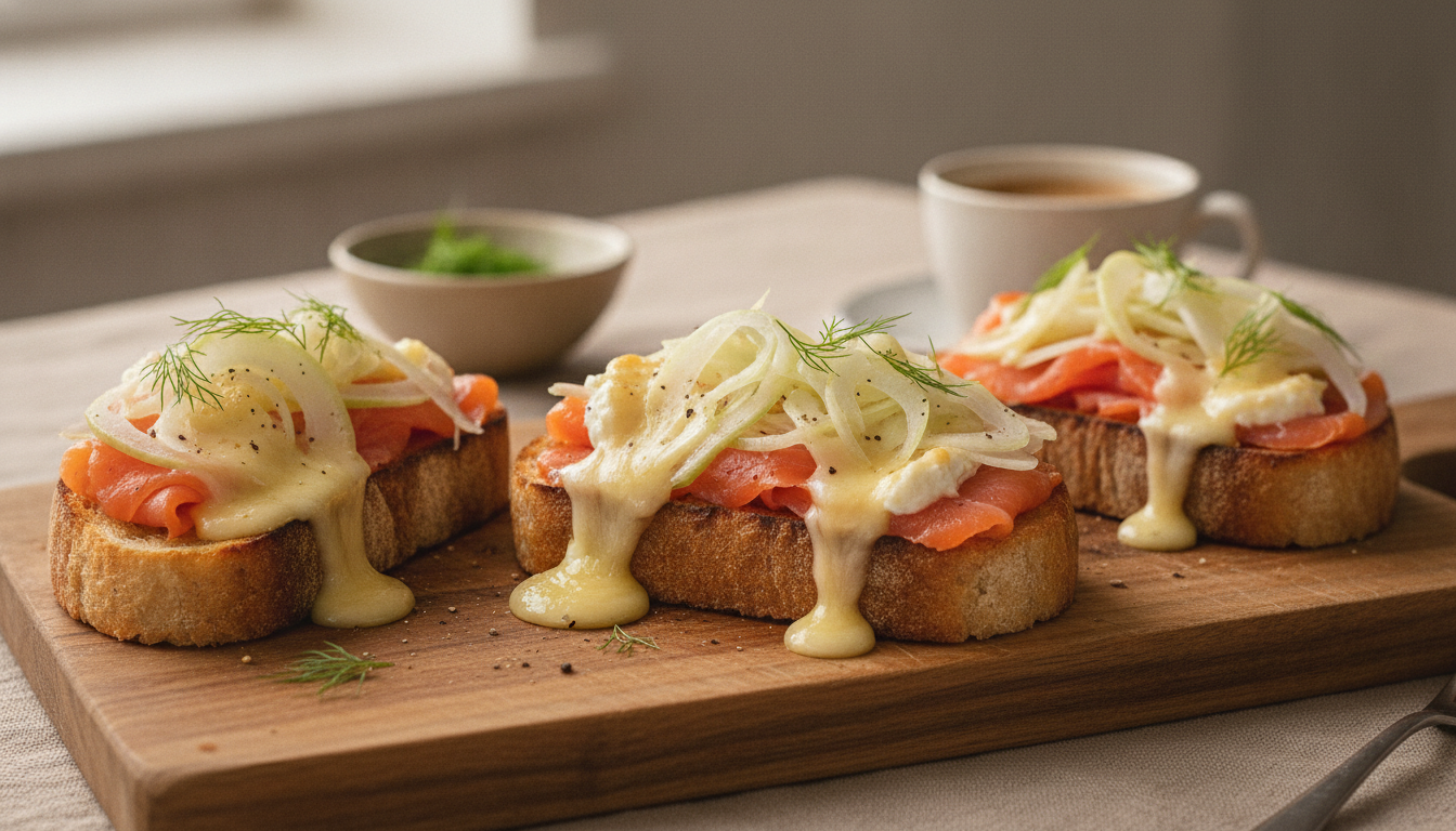 découvrez notre recette facile de toasts gourmands au saumon fumé, fenouil croquant et fromage fondant, parfaite pour un apéritif savoureux et élégant.