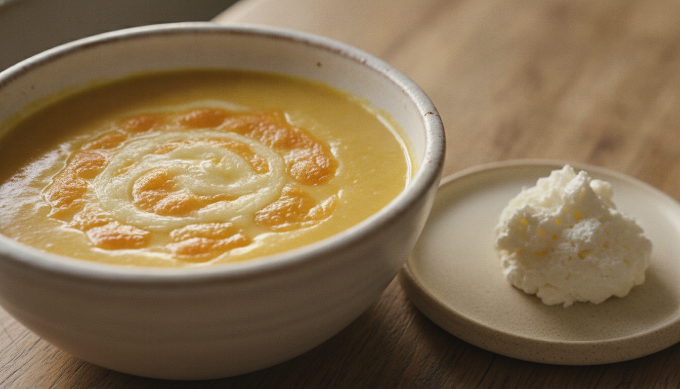 découvrez notre velouté de maïs au fromage fondant, sublimé par une chantilly savoureuse pour une expérience gourmande et réconfortante.