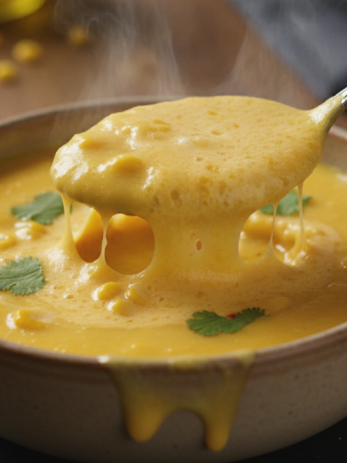 découvrez notre velouté de maïs onctueux au fromage fondant, parfaitement accompagné d'une chantilly savoureuse pour une expérience gustative délicate et raffinée.