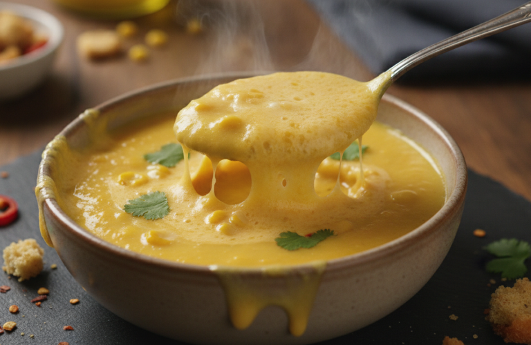 découvrez notre velouté de maïs onctueux au fromage fondant, parfaitement accompagné d'une chantilly savoureuse pour une expérience gustative délicate et raffinée.