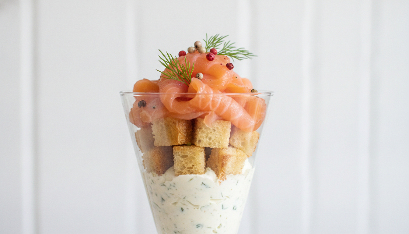 découvrez une verrine raffinée alliant saumon fumé, brioche fondante et fromage frais aux ail et herbes aromatiques, pour une expérience gourmande et élégante.