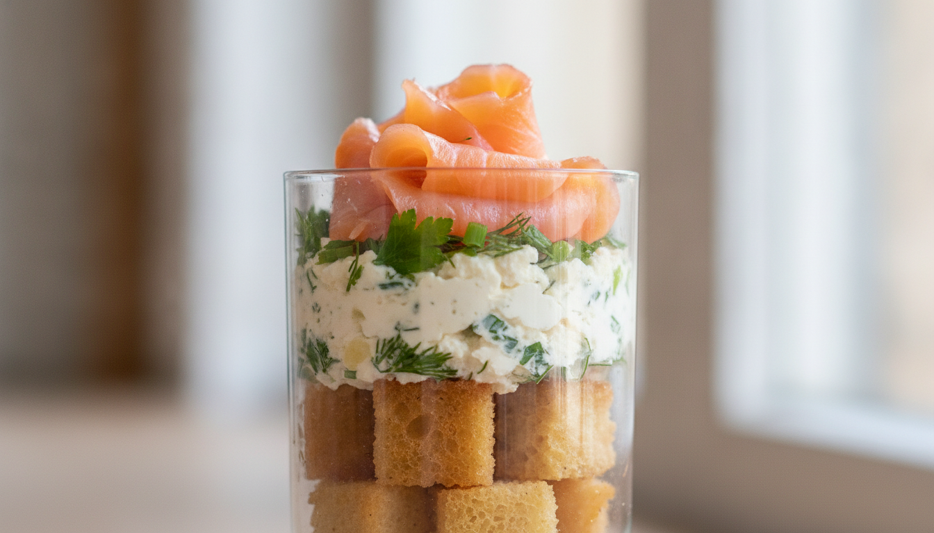découvrez notre verrine raffinée alliant saumon fumé délicat, brioche fondante et fromage frais parfumé à l'ail et aux herbes aromatiques, pour une explosion de saveurs en bouche.