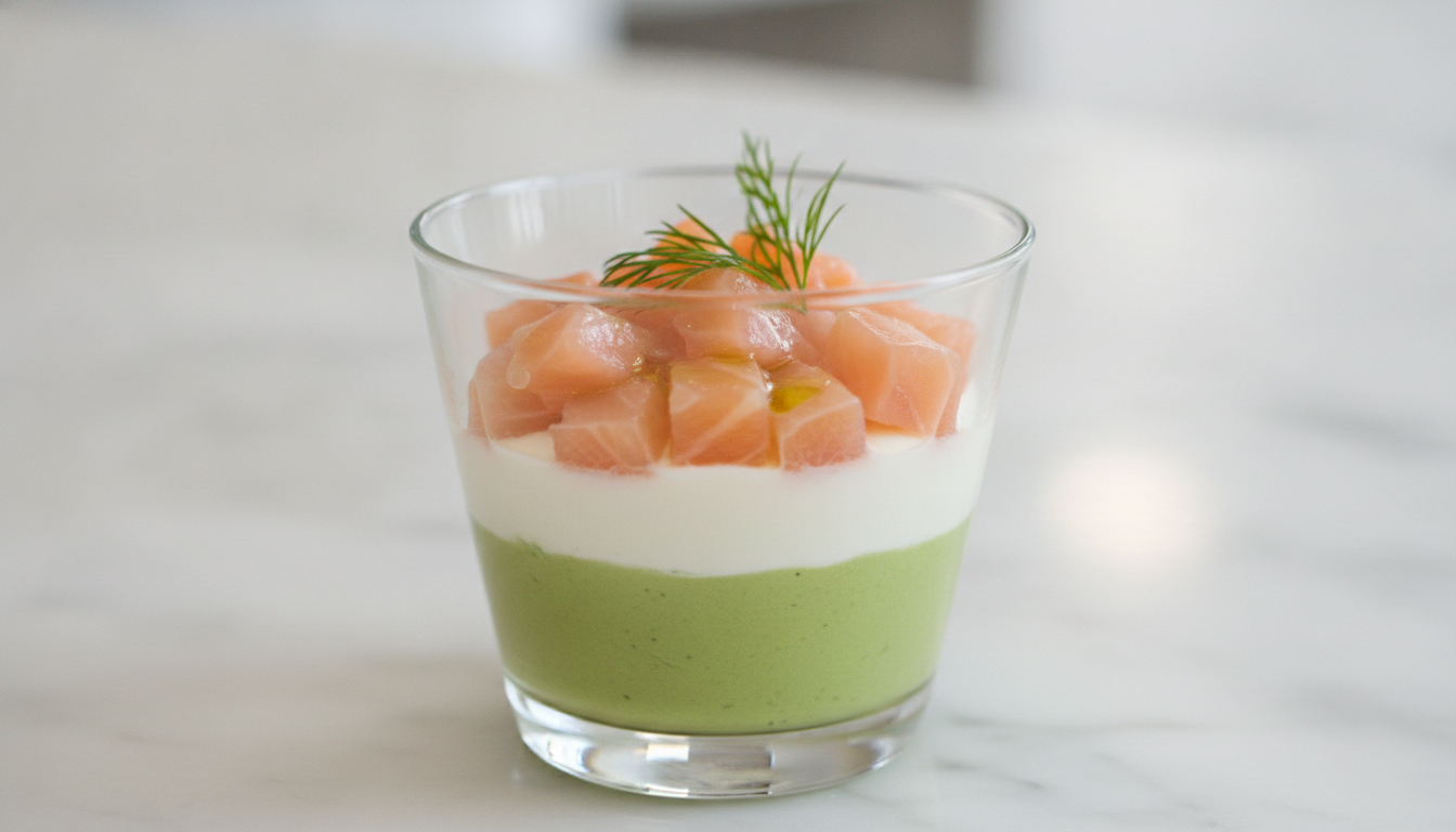 découvrez notre verrine gourmande alliant saumon fumé, onctuosité d'avocat et fromage frais aux fines herbes et ail, pour une entrée fraîche et savoureuse.