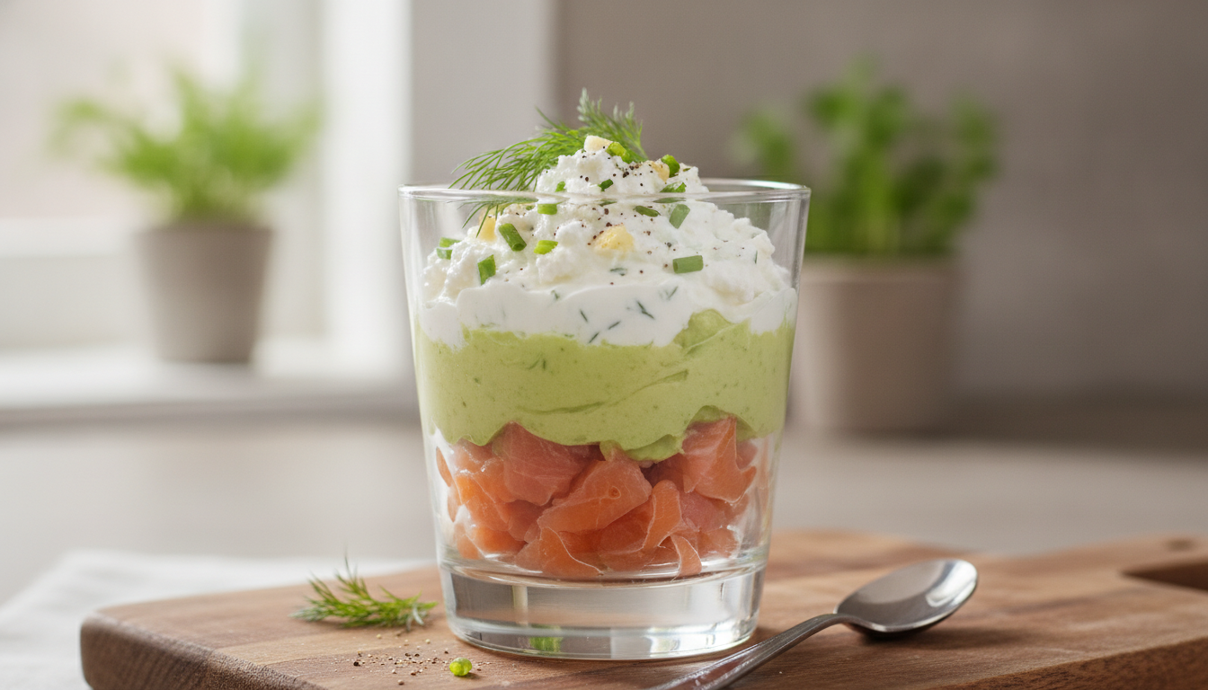 Verrine gourmande au saumon fumé, onctuosité d&rsquo;avocat et fromage frais parfumé aux fines herbes et ail