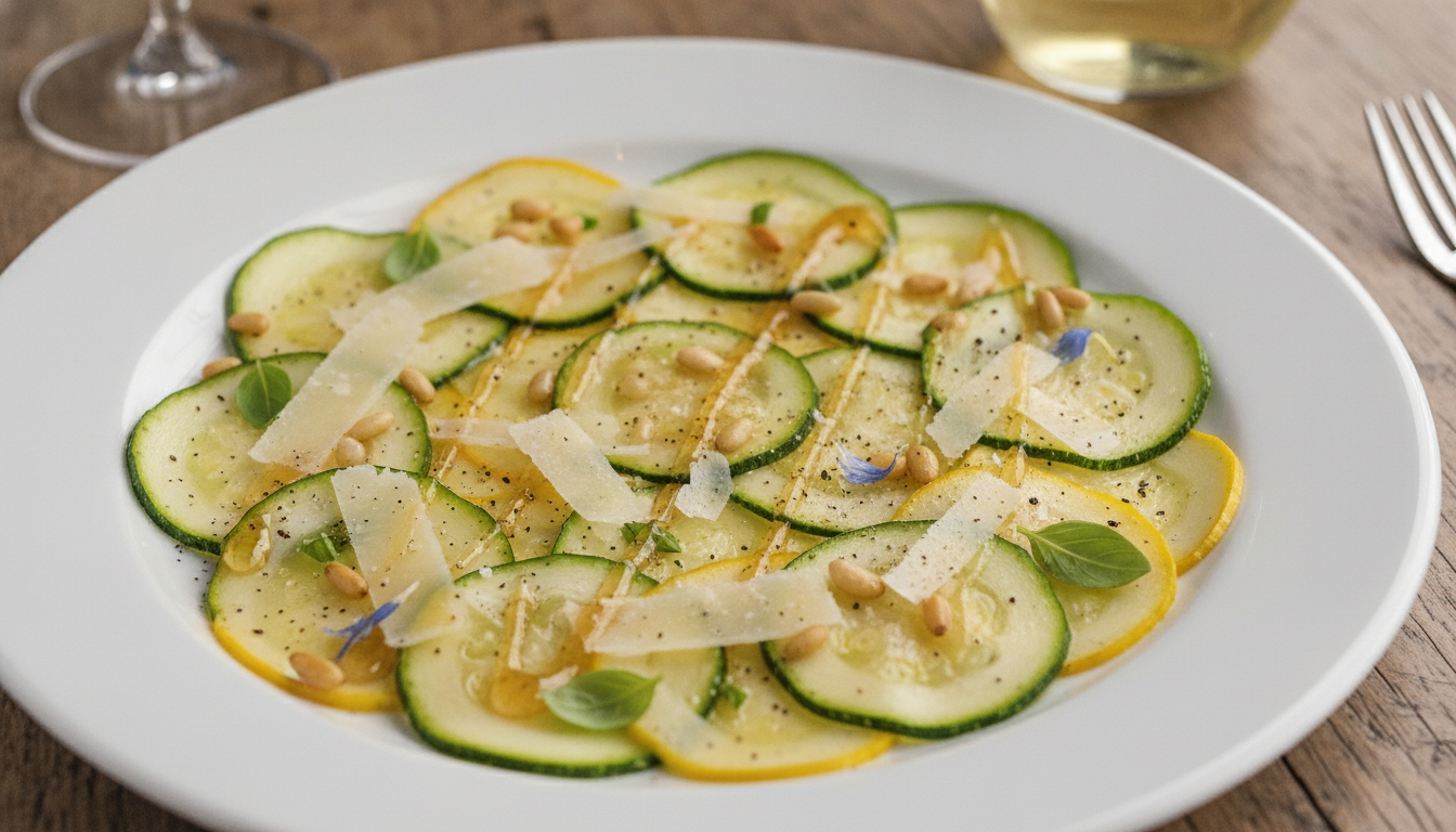 découvrez notre carpaccio de courgettes crues, une entrée légère et raffinée qui apporte fraîcheur et gourmandise à votre repas. parfait pour une dégustation saine et savoureuse.