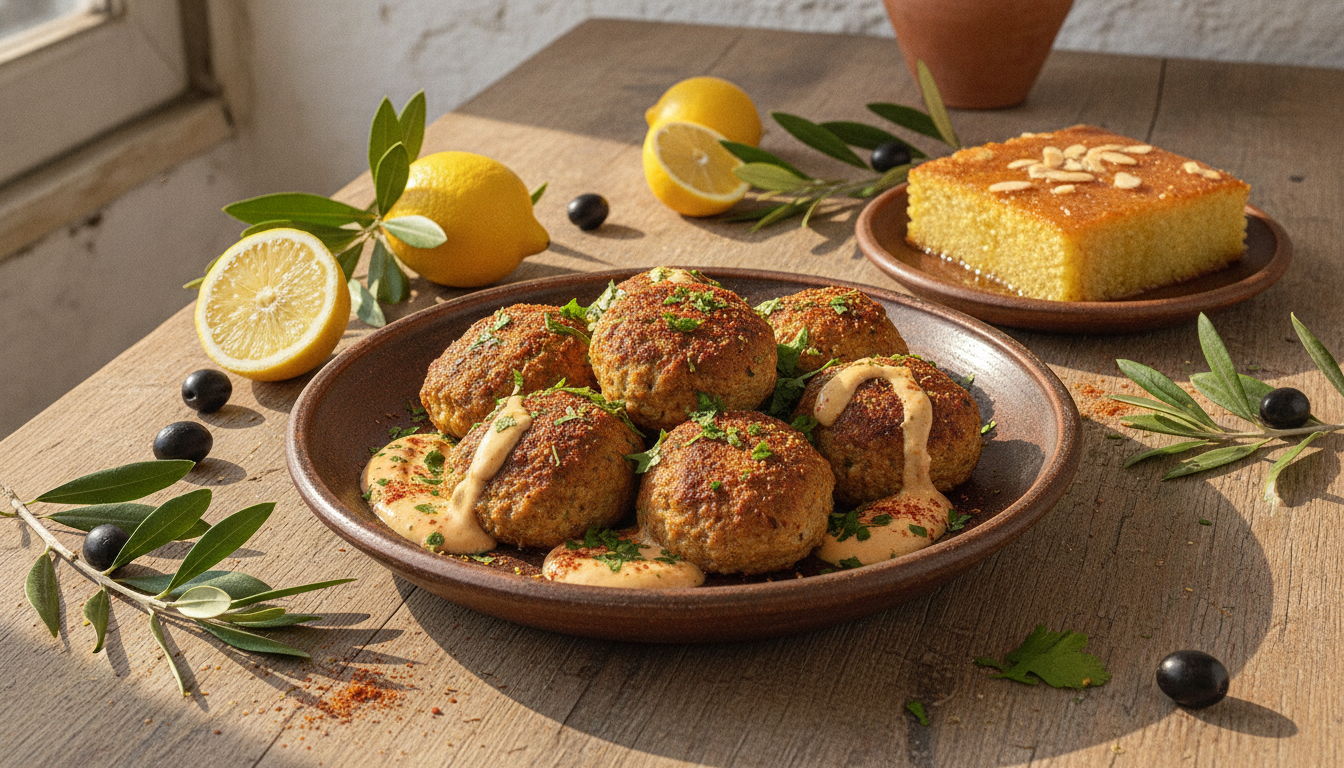 découvrez un voyage culinaire aux saveurs méditerranéennes avec nos boulettes de poisson aux épices marocaines, accompagnées d'une basboussa sucrée et fondante, pour un repas élégant et savoureux.