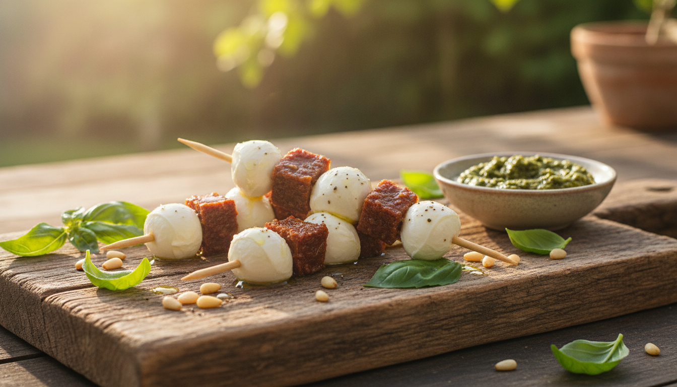 découvrez notre recette d'évasion gourmande : des brochettes de fromage frais délicatement parfumées au pesto savoureux, pour une expérience culinaire fraîche et raffinée.