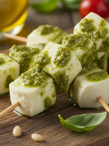 découvrez une évasion gourmande avec nos brochettes de fromage frais, délicatement parfumées au pesto savoureux, pour une expérience culinaire fraîche et raffinée.