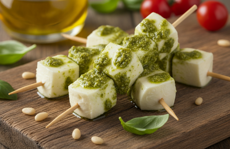 découvrez une évasion gourmande avec nos brochettes de fromage frais, délicatement parfumées au pesto savoureux, pour une expérience culinaire fraîche et raffinée.
