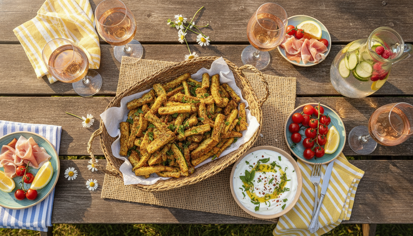 découvrez nos frites de courgettes croustillantes, accompagnées d'une sauce crémeuse au yaourt et citron confit, pour une entrée légère et savoureuse.
