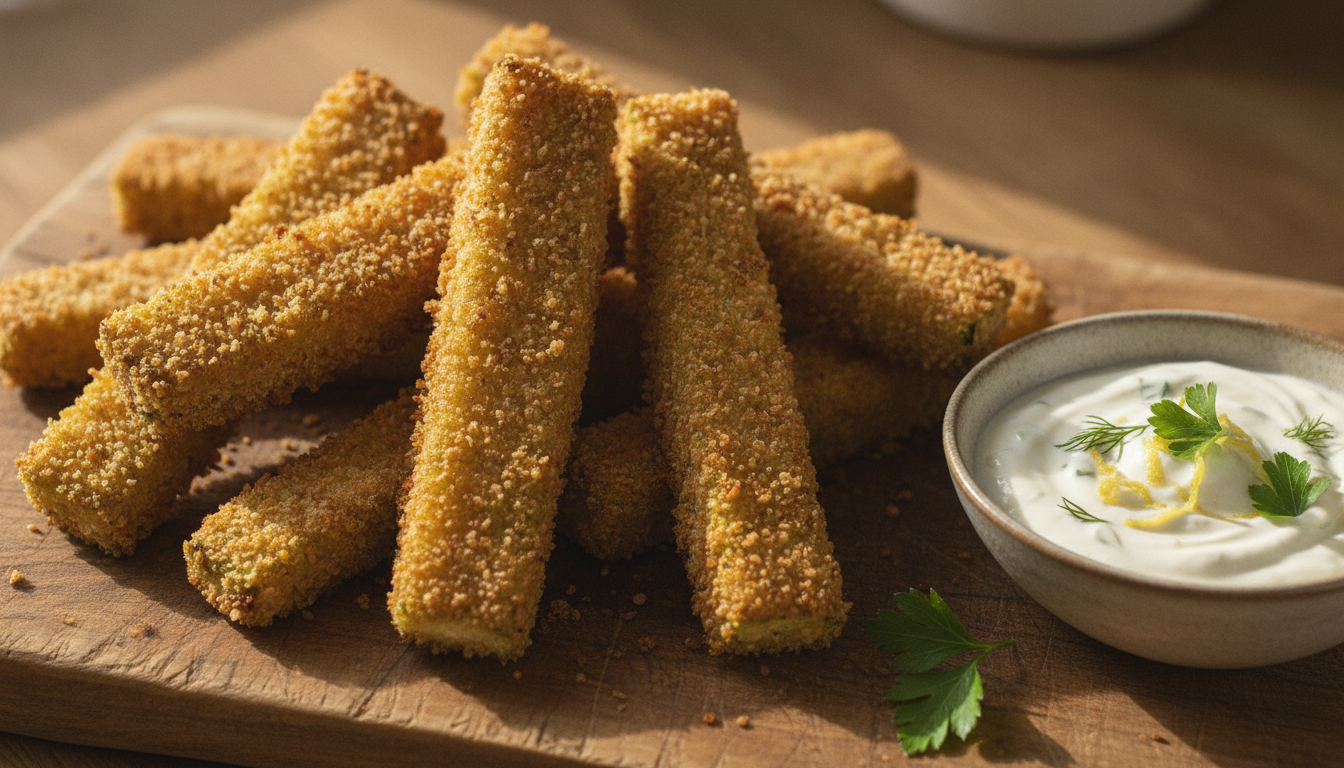 découvrez nos frites de courgettes croustillantes accompagnées d'une sauce crémeuse au yaourt et citron confit, une recette légère et savoureuse parfaite pour un apéritif ou un accompagnement original.