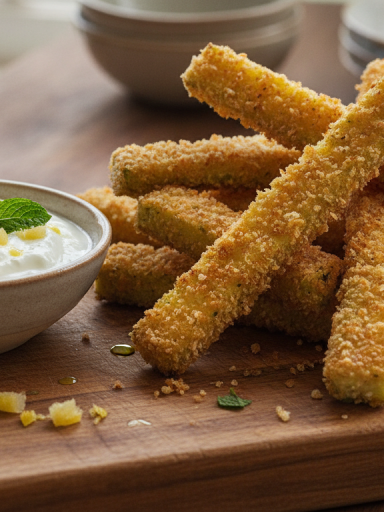 découvrez nos frites de courgettes croustillantes accompagnées d'une sauce crémeuse au yaourt et citron confit, une recette légère et savoureuse idéale pour une entrée ou un apéritif gourmand.