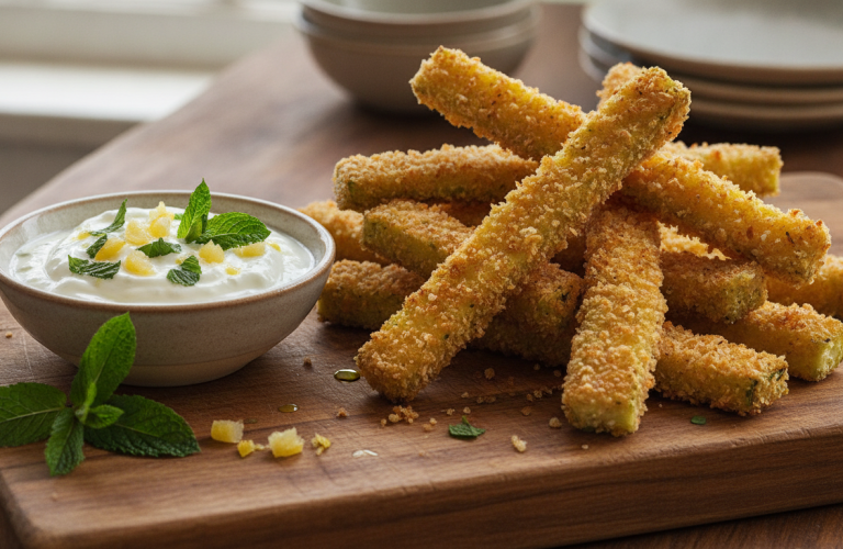 découvrez nos frites de courgettes croustillantes accompagnées d'une sauce crémeuse au yaourt et citron confit, une recette légère et savoureuse idéale pour une entrée ou un apéritif gourmand.