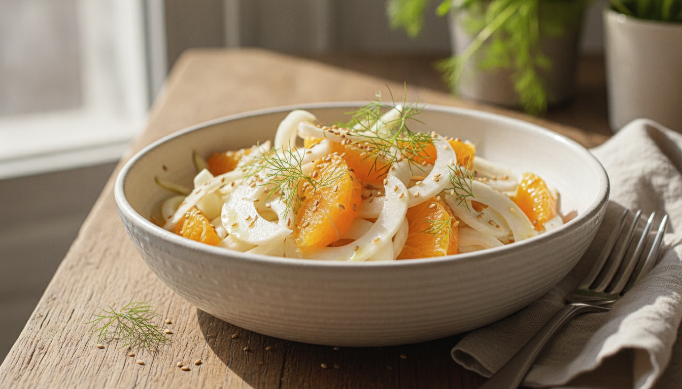 découvrez notre salade croquante et vitaminée de fenouil cru, sublimée par le sésame et l'orange, une recette fraîche et simple à préparer pour égayer vos repas.